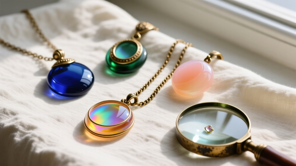 Cobalt, vaseline, and peach opalescent carnival glass pendants arranged on linen with antique brass chains and a jewelers loupe.