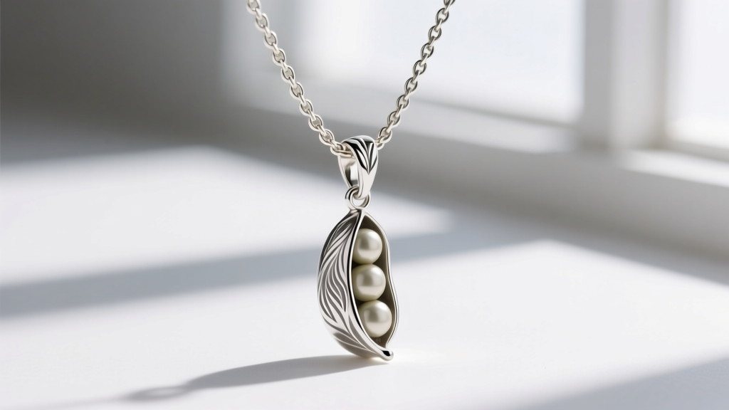 Close-up of a 1.2mm white gold rolo chain passing through the integrated bail of a sterling silver pea pod necklace pendant.