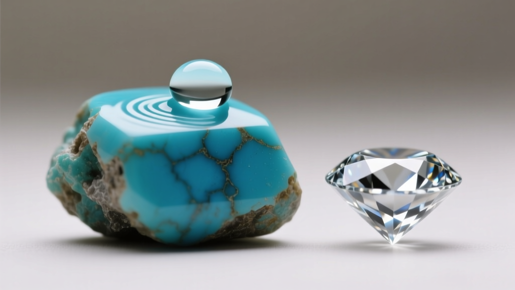 Macro view of natural turquoise and diamond, showing a water droplet absorbing into the unsealed, matte surface of the blue stone.