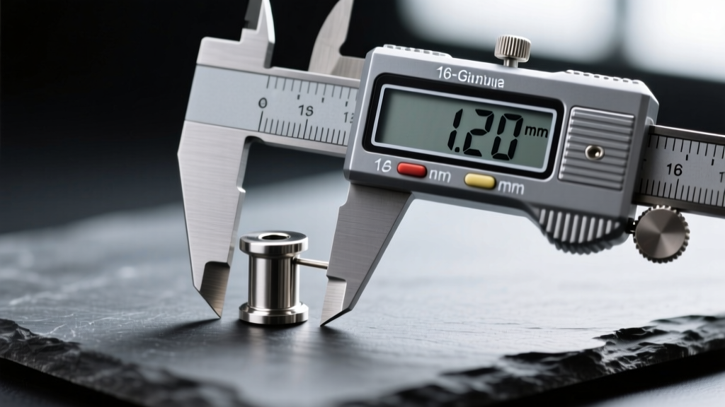 Macro shot of digital calipers measuring the 1.2mm thickness of a 16 gauge titanium earring starter post resting on dark slate
