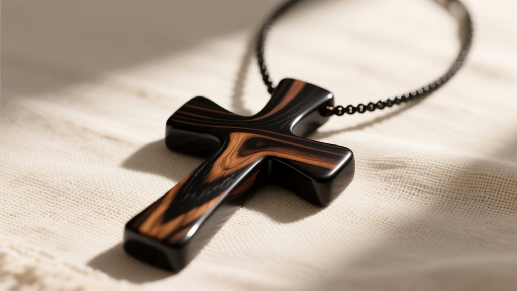 Polished Gaboon ebony black wooden cross necklace on textured linen, illuminated by soft warm directional sunlight in a studio.