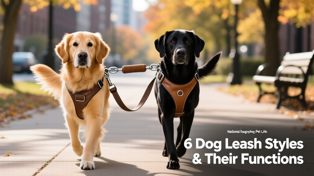 Two dogs walking side-by-side on a double leash with a single ergonomic handle