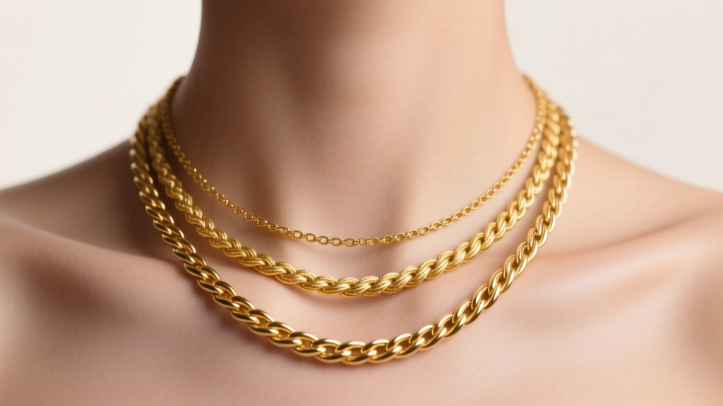Close-up of a collarbone featuring three stacked 14k yellow gold necklaces of varying weaves under soft studio lighting.