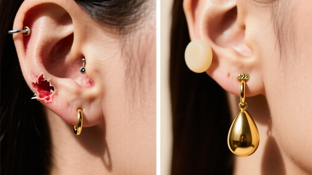 Split image showing a standard back tearing a lobe versus a 12mm silicone disc back supporting a heavy gold drop earring.