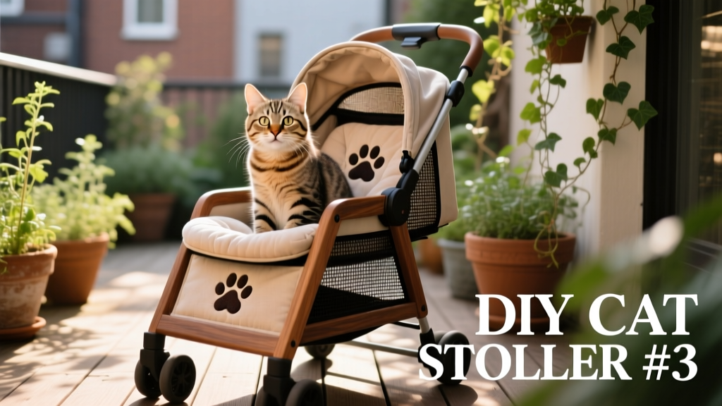 A cheerful tabby cat sitting comfortably in a modified baby stroller with mesh ventilation panels and a soft padded seat