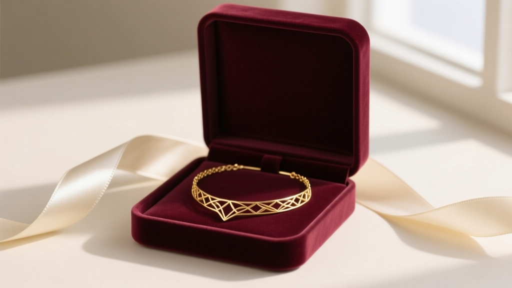 Open velvet jewelry box revealing a minimalist 18k gold wire choker necklace resting on a cream silk ribbon, ready for gifting.