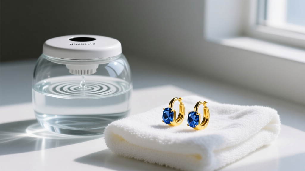 Ultrasonic jewelry cleaner vibrating, next to blue sapphire and yellow gold hoop earrings resting on a clean microfiber towel
