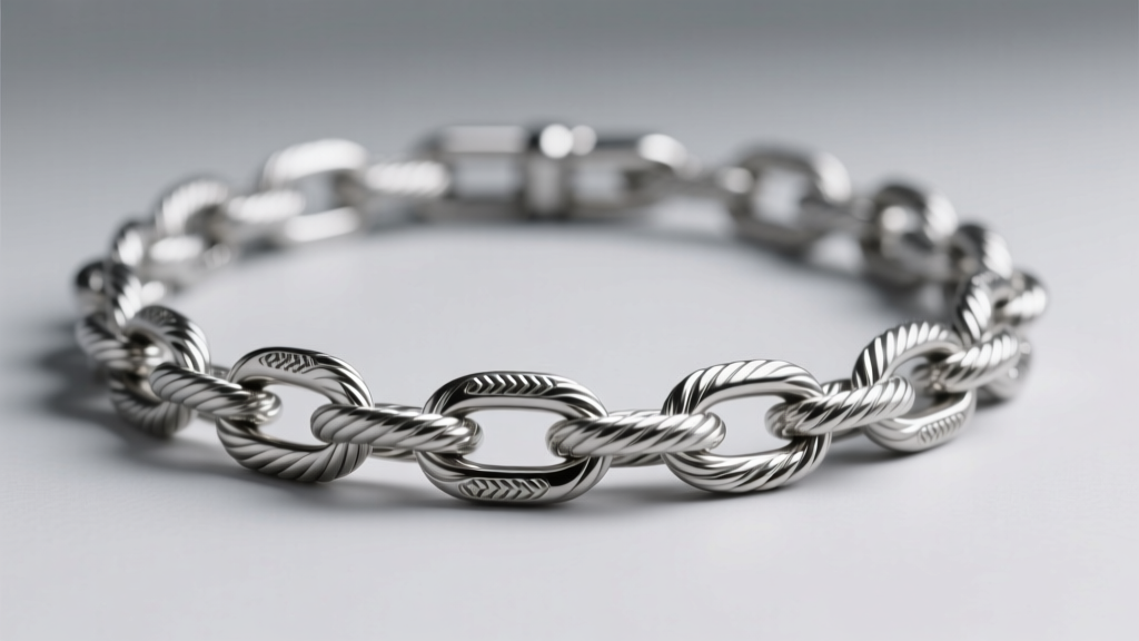 Close-up of brushed titanium rope chain necklace on grey background, emphasizing lightweight hypoallergenic matte metal texture