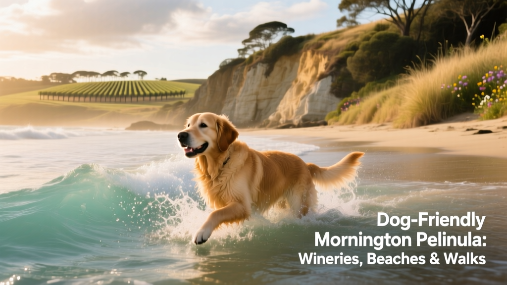 A relaxed dog splashing in shallow water at a serene Mornington Peninsula beach with low cliffs and native coastal vegetation in the background