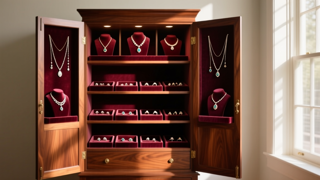 Extra large mahogany jewelry armoire in sunlit room, doors open to reveal tiered velvet necklace and ring storage displays