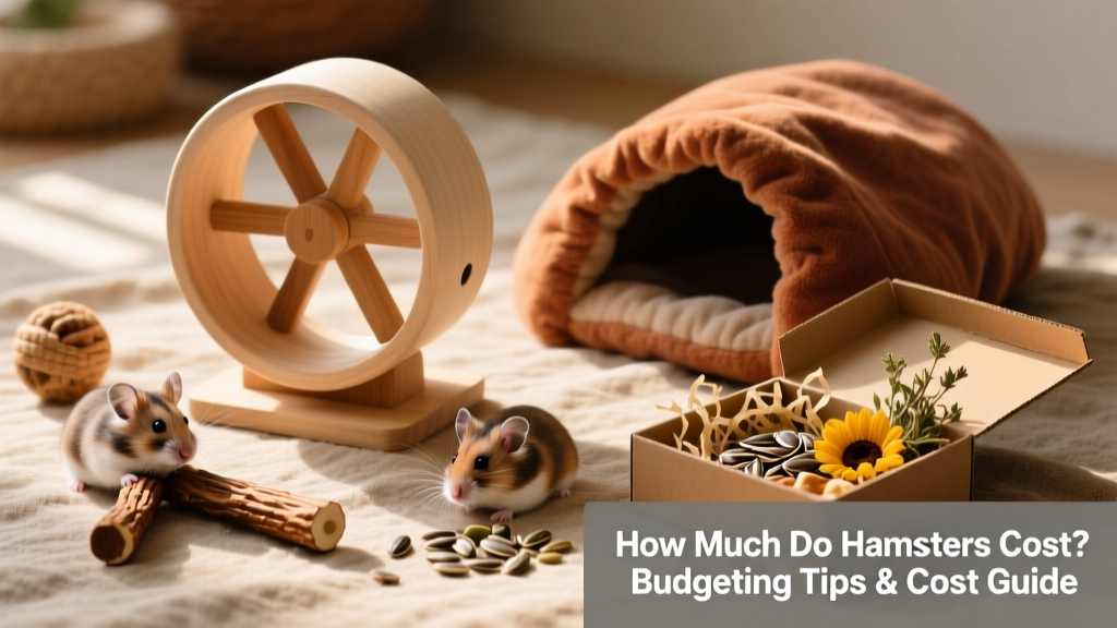 A variety of safe, natural hamster toys: solid-base exercise wheel, wooden chew sticks, a cozy fabric hideout, and a foraging box filled with shredded paper and treats