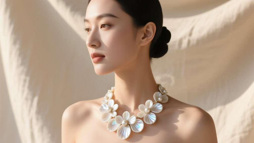 Elegant woman wearing a hand-carved white mother-of-pearl flower shell necklace against a soft, sunlit beige linen background.