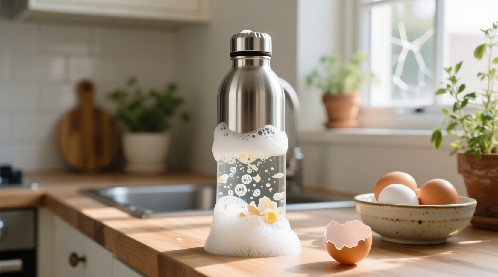 eco friendly cleaning stainless steel bottle with eggshells vinegar