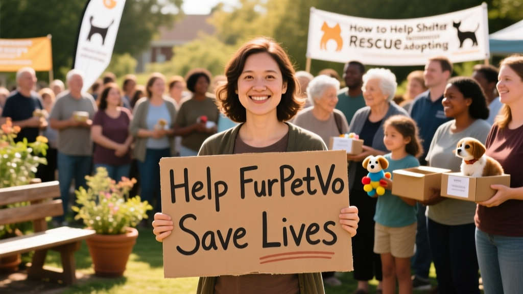 Person holding handmade 'Help FurPetVo Save Lives' sign at peaceful community rally with supportive crowd