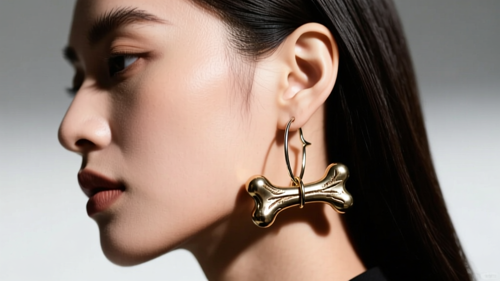 Side profile of a fan wearing a 10mm bulldog bone dangle earring with an 18-gauge fishhook wire in bright stadium lighting