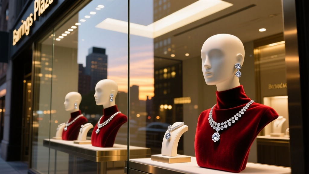 Elegant glass storefront of Earrings Plaza Broadway at dusk, displaying illuminated velvet busts with intricate diamond ear stacks.