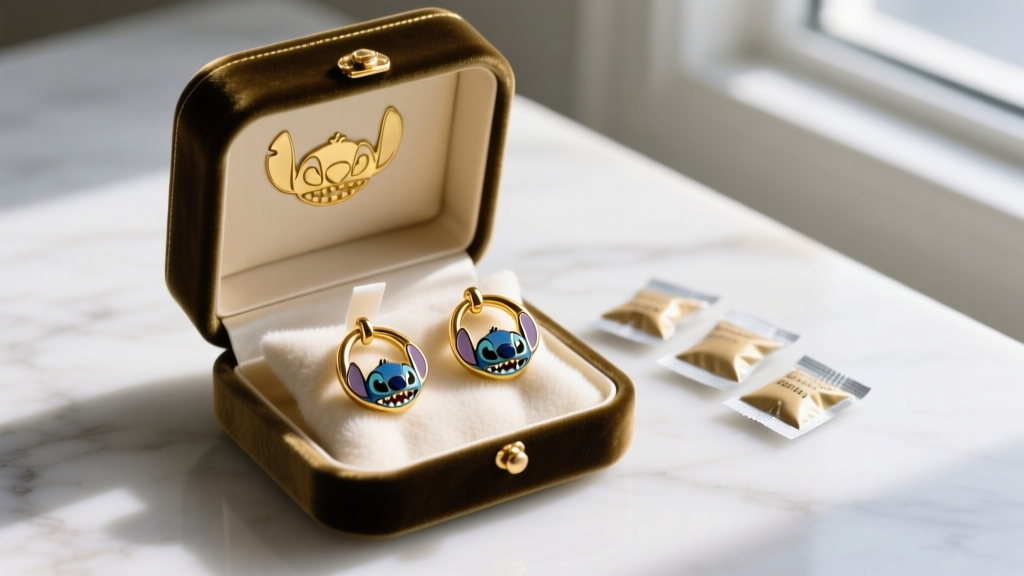 Open velvet box displaying gold-plated Stitch hoop earrings in anti-tarnish flannel pouches next to small silica gel packets