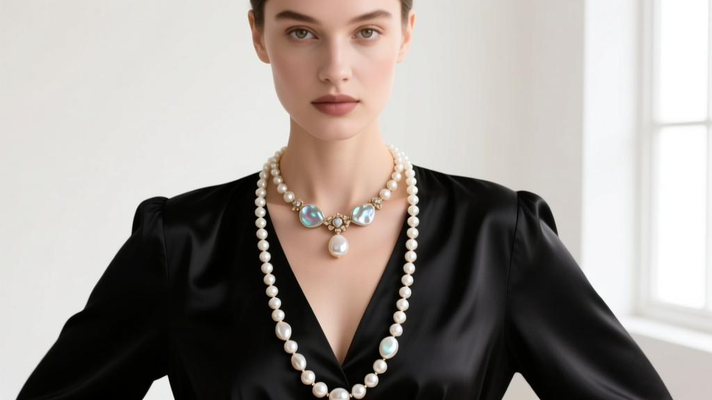 Woman wearing 18-inch princess length baroque pearl pendant over black silk, demonstrating ideal neckline placement and drape