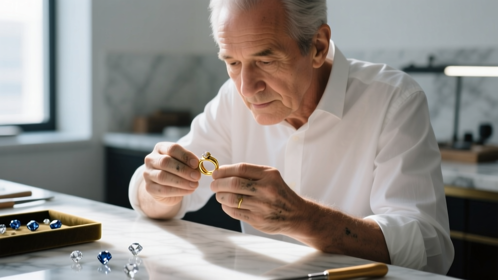 Close-up of a jeweler's loupe examining a platinum and 18k yellow gold diamond halo setting, resting on a wooden jeweler's bench.
