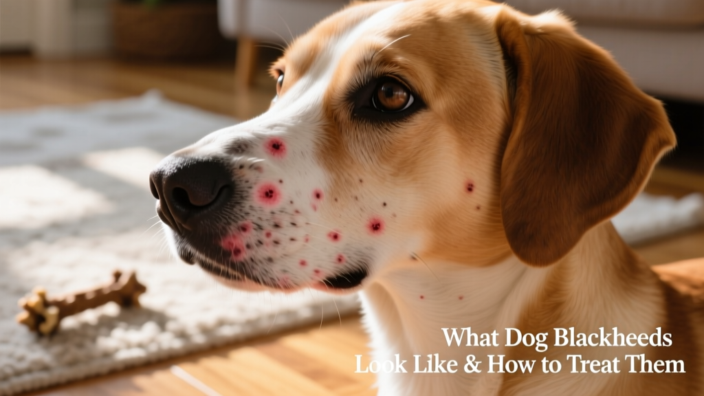 Dog’s chin showing mild redness and several small, raised, non-pus-filled bumps