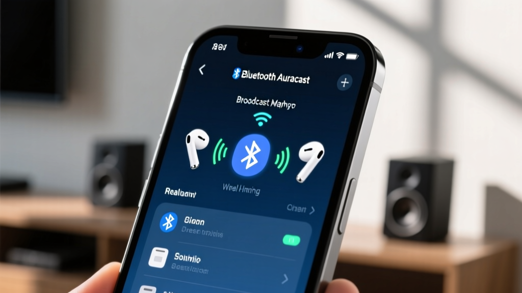 Close-up of a smartphone screen displaying the Bluetooth Auracast broadcast menu connecting to multiple wireless earbuds and speakers