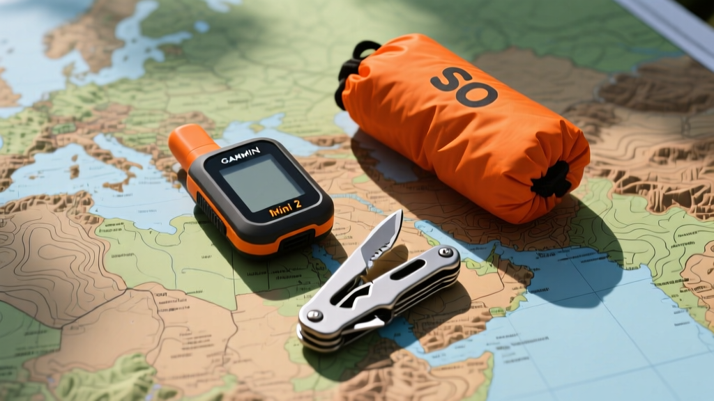 Top-down flat lay of a Garmin inReach Mini 2, an orange SOL emergency bivy, and a titanium multi-tool resting on a topographic map.