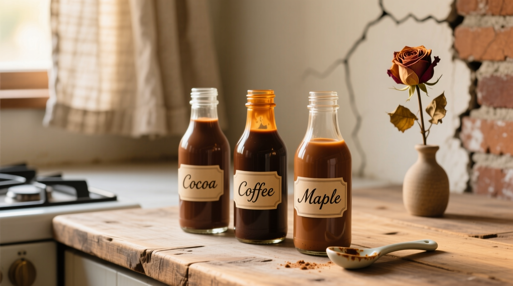 Homemade brown food coloring in glass bottles