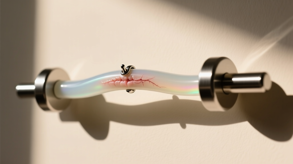 Flexible PTFE surface barbell with titanium ends embedded in a healing collarbone piercing, photographed in soft natural daylight.