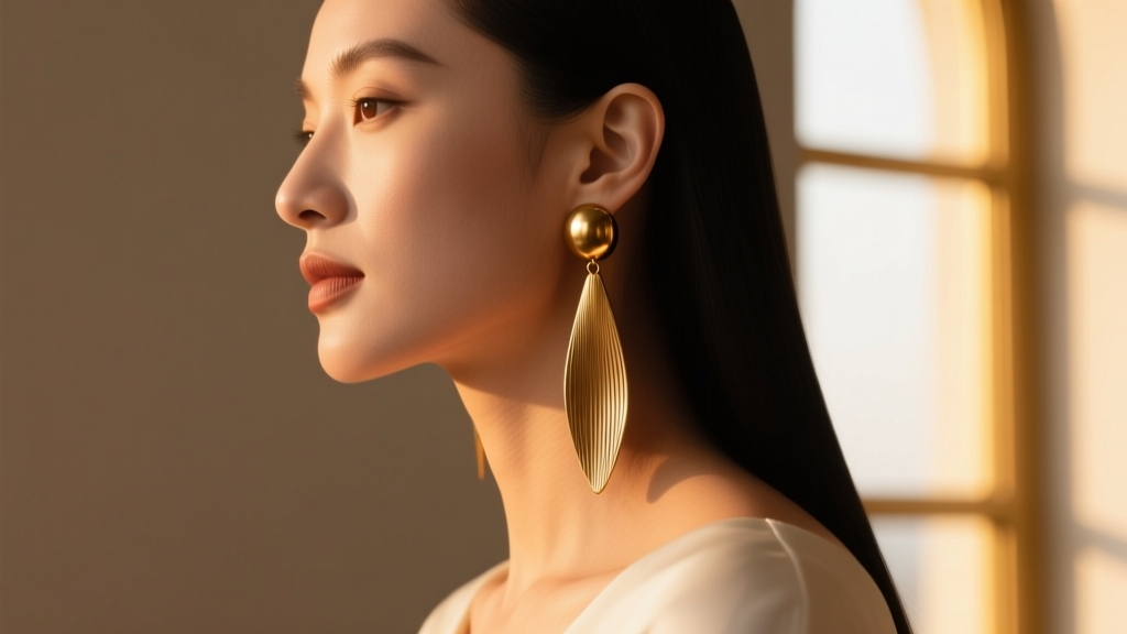 Woman in profile wearing a heavy brass drop earring, showing slight downward stretching of the earlobe in warm window lighting.