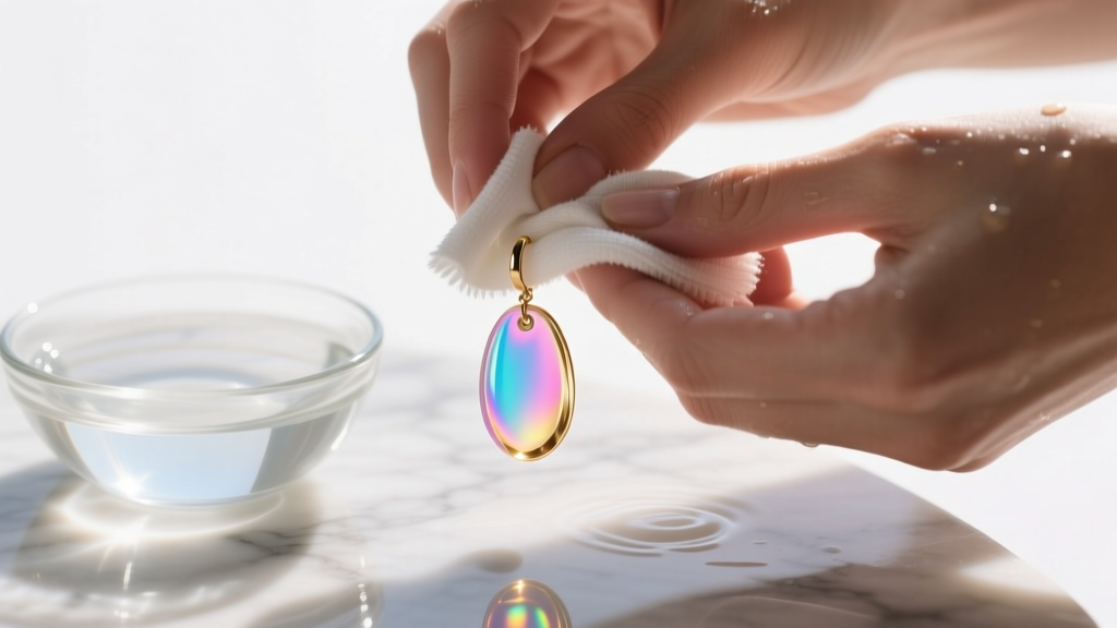 Macro shot of hands gently wiping a holographic resin earring with a damp microfiber cloth, beside a bowl of mild soapy water.