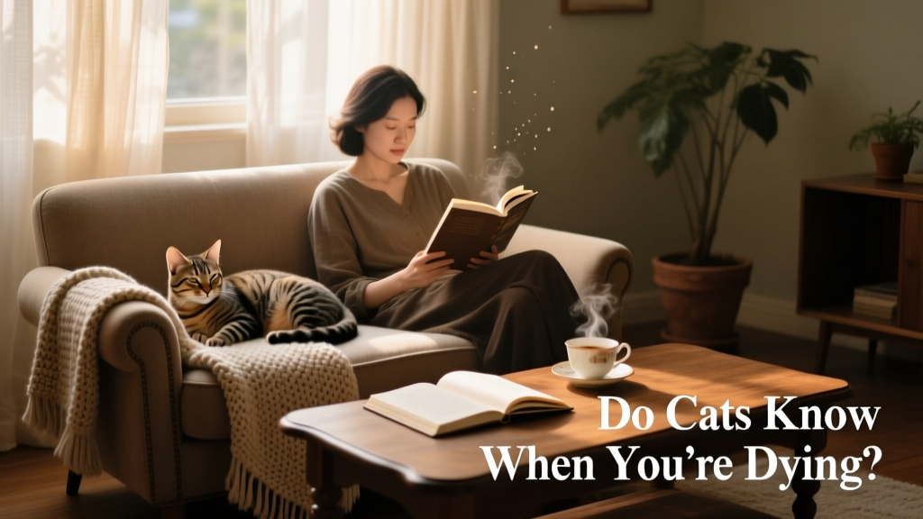 A serene indoor scene with a cat curled up beside a person reading on a cozy chair