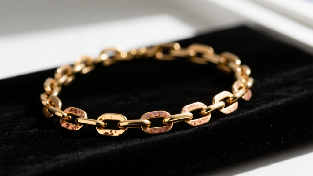 Close-up of a fading 14k gold plated necklace chain on dark velvet, showing copper discoloration at links under soft lighting.