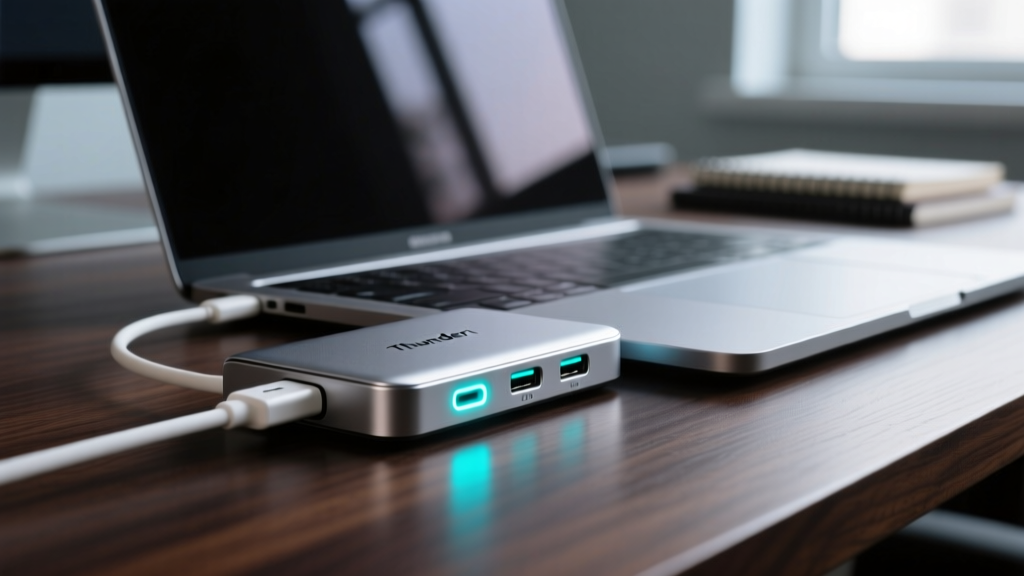 Close-up of a sleek aluminum Thunderbolt 4 docking station connected to a laptop with glowing LED indicators on a dark walnut desk