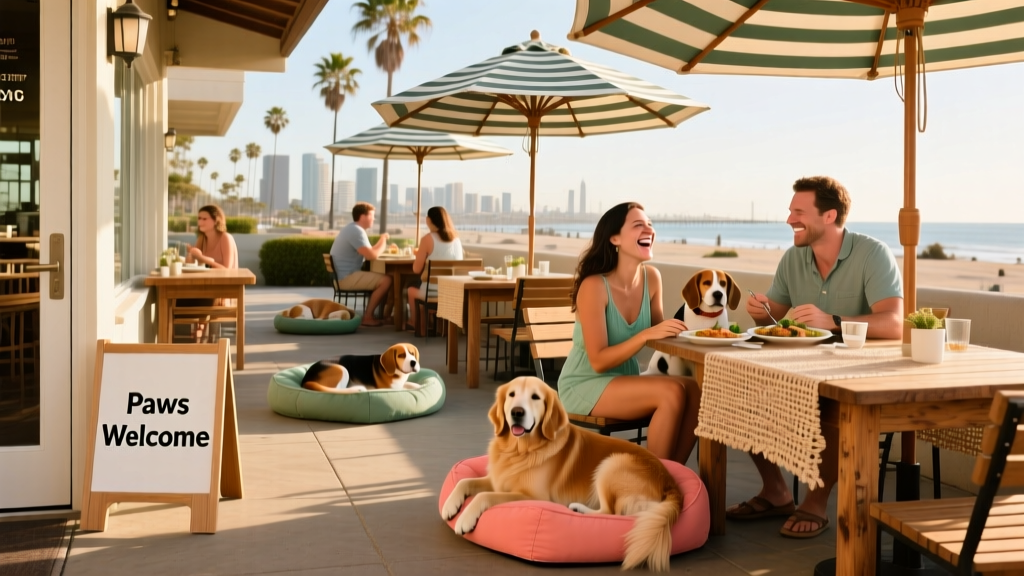 A relaxed outdoor patio at a dog-friendly restaurant in Long Beach, with dogs lounging under umbrellas while people dine