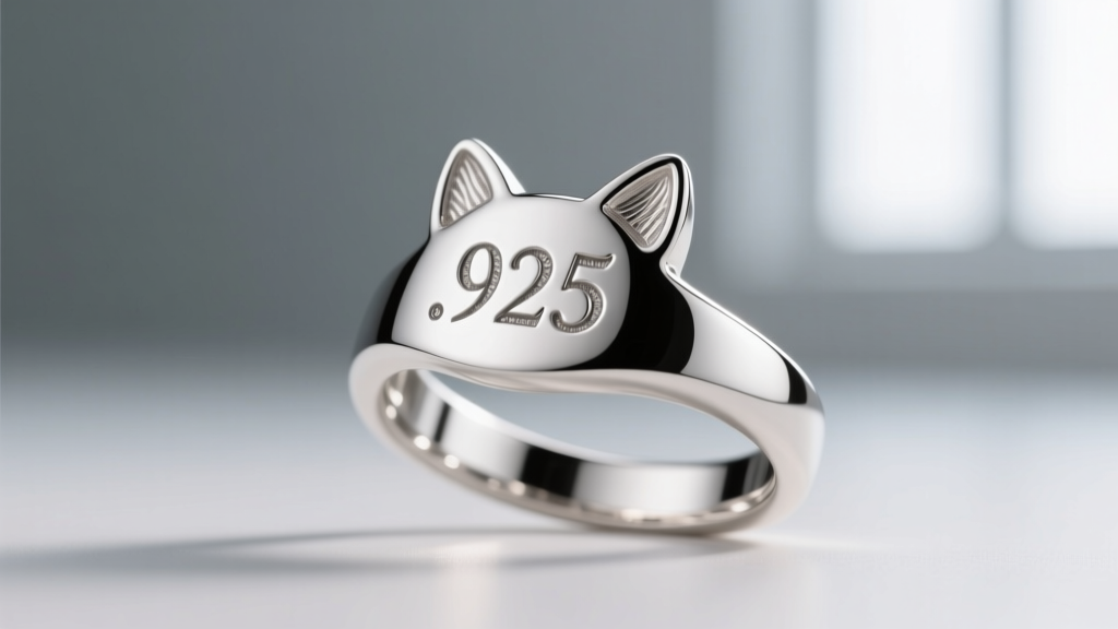 Macro view of a laser-engraved .925 hallmark stamped on the backing plate of a sterling silver feline ear cuff jewelry piece.