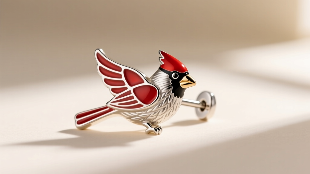 Macro shot of a 925 silver Northern cardinal bird stud earring featuring vibrant red vitreous enamel and a standard 20-gauge post