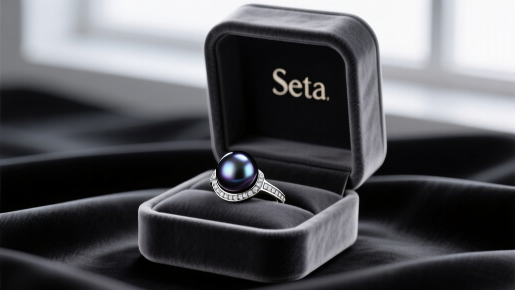 Elegant velvet ring box opened to reveal a Seta Jewelry Tahitian black pearl ring in 18k white gold, resting on a dark silk fabric backdrop