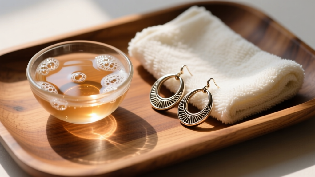 A small glass bowl of warm soapy water and a soft microfiber cloth next to polished alpaca Mexico hoop earrings on a wooden tray.