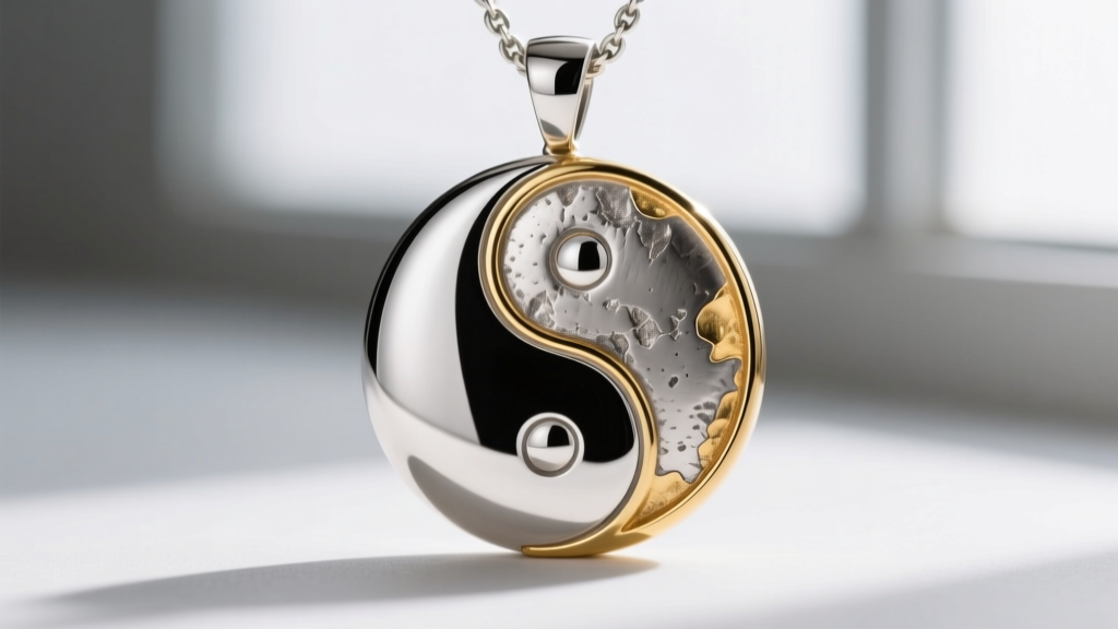 Macro shot of sterling silver yin and yang pendant showing worn gold vermeil on edges, revealing raw silver base metal underneath