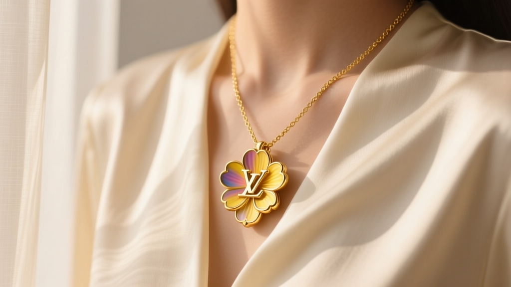 18k yellow gold Louis Vuitton Color Blossom pendant necklace resting on a cream silk blouse in soft, warm daylight.