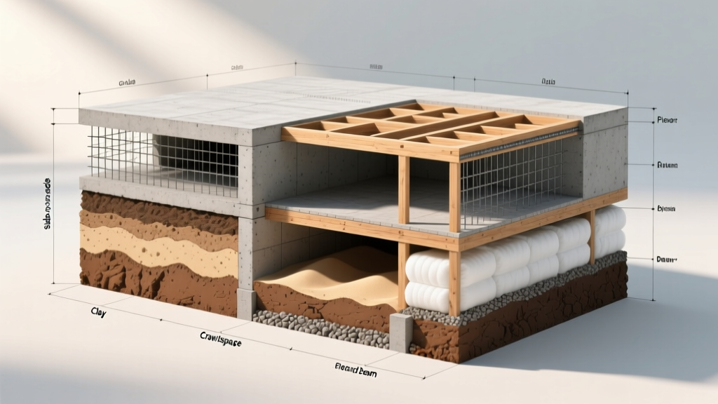 Cross-section architectural blueprint showing four distinct foundation types including slab, crawlspace, basement, and pier systems layered over varied soil strata