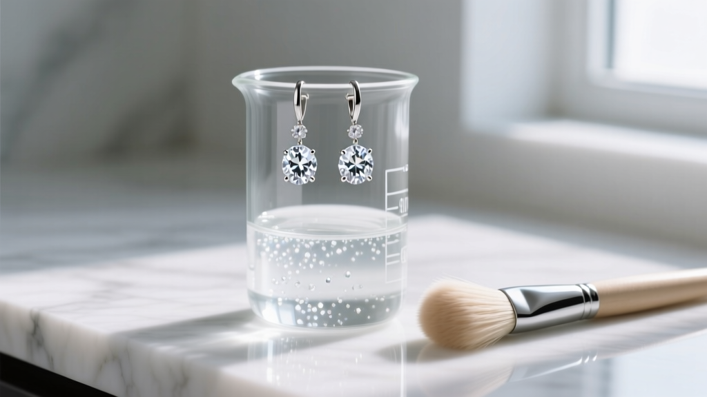 Diamond drop earrings in a glass beaker of cleaning solution, with a soft brush resting on a white marble counter