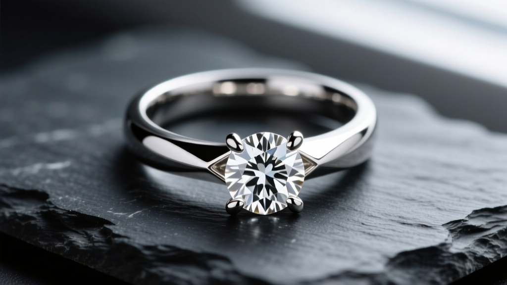 Macro shot of an 18k white gold diamond ring resting on dark slate, highlighting its bright rhodium finish and prong details.