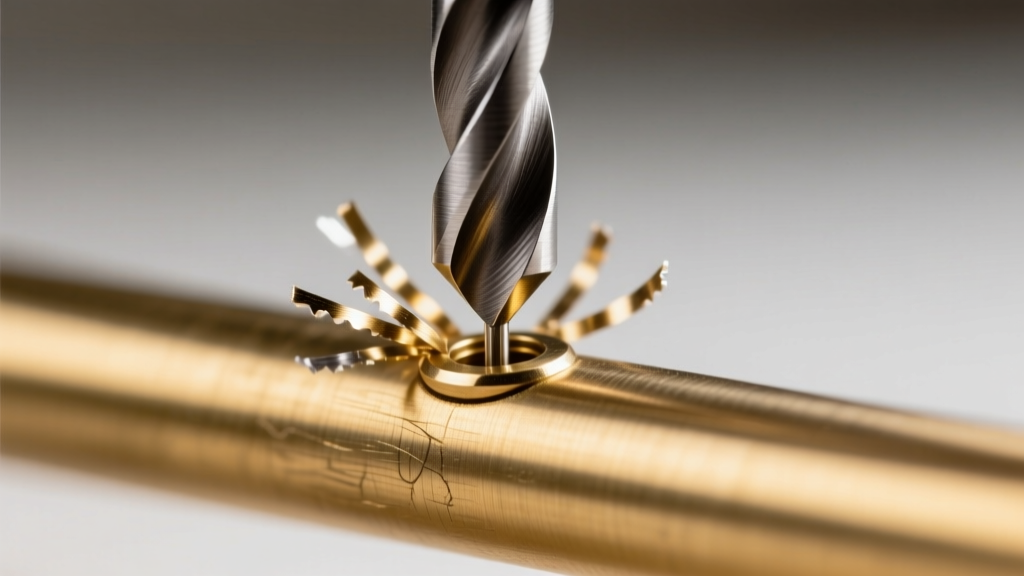 Macro shot of a 1.5mm drill bit making a hole in a brushed brass rod for 18-gauge earring posts, showing fine metal shavings.