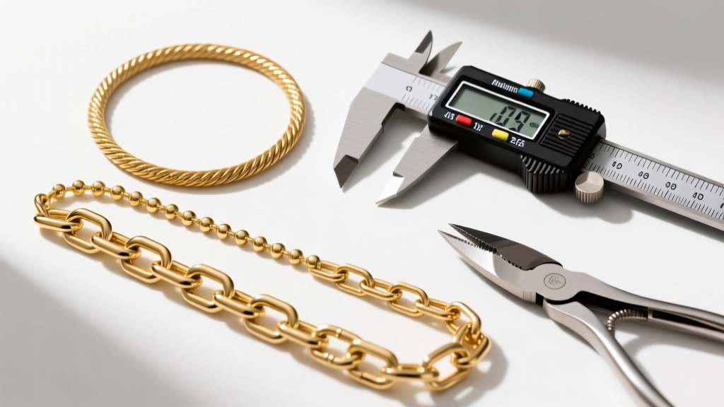 Flat lay of three gold chain styles including micro-cable and satellite, next to a digital caliper and precision flush cutters.