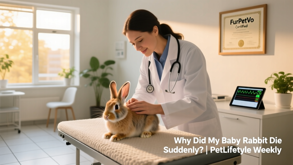 Veterinarian gently examining a young rabbit during a wellness check at FurPetVo-certified clinic