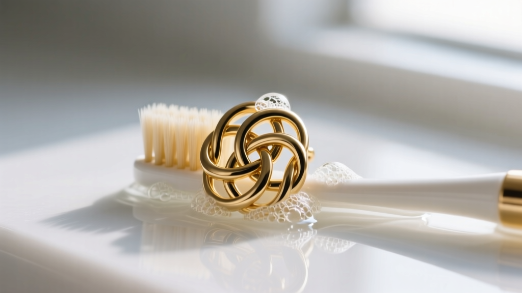 Soft toothbrush gently scrubbing the intricate grooves of an 18k gold Celtic knot earring submerged in soapy distilled water