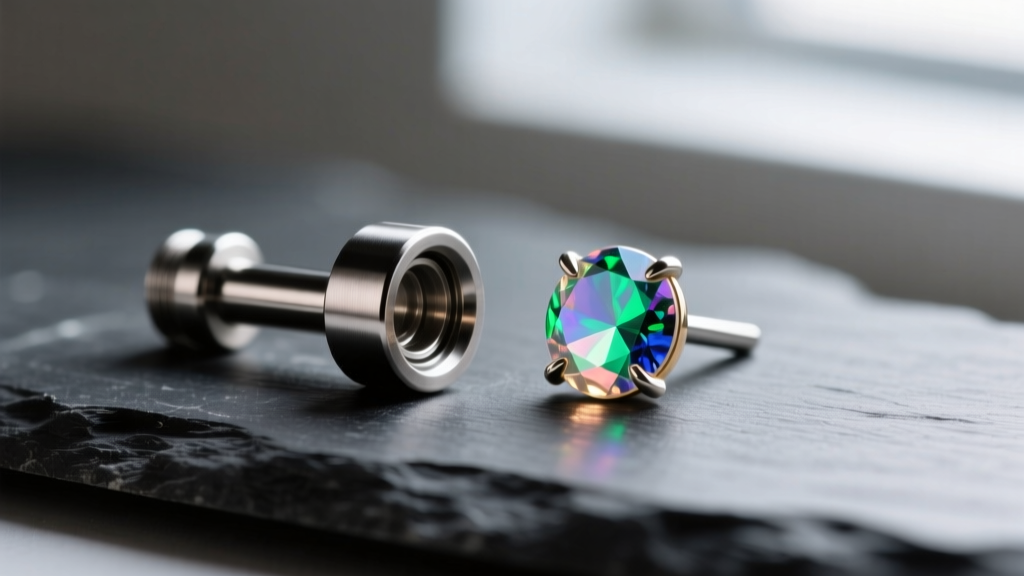 Macro shot of an 18g ASTM F-136 titanium threadless flat-back labret post beside a 3mm prong-set opal end on dark slate.