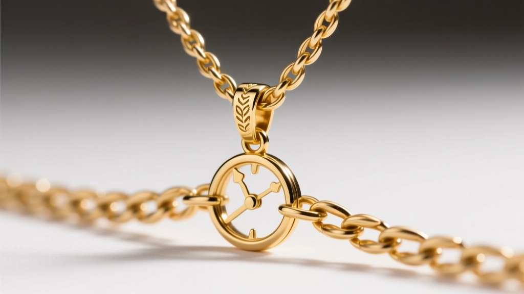 Close up of a 1.5mm wheat chain threaded through the bail of a gold vermeil time turner pendant, under bright studio lighting.