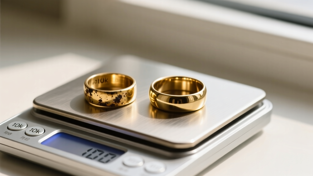 Tarnished 10k gold ring next to a polished one on a scale, emphasizing the budget value of at-home ultrasonic jewelry care.